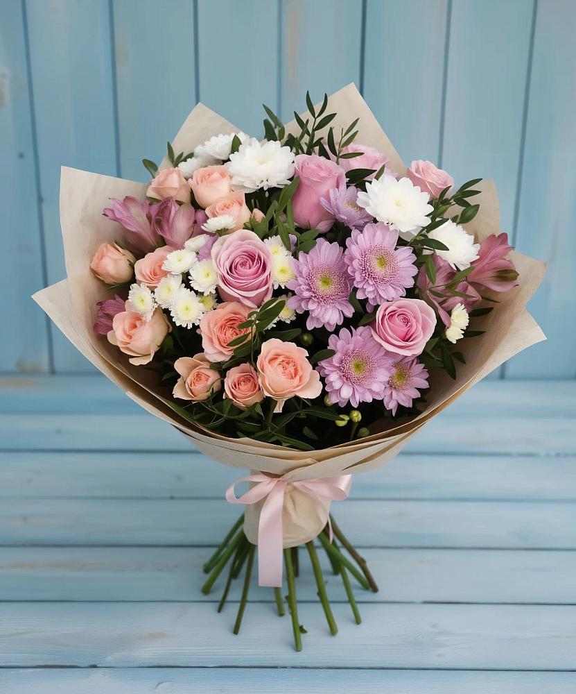 Букет цветов из: Хризантемы, Розы и Альстромерии в Санино