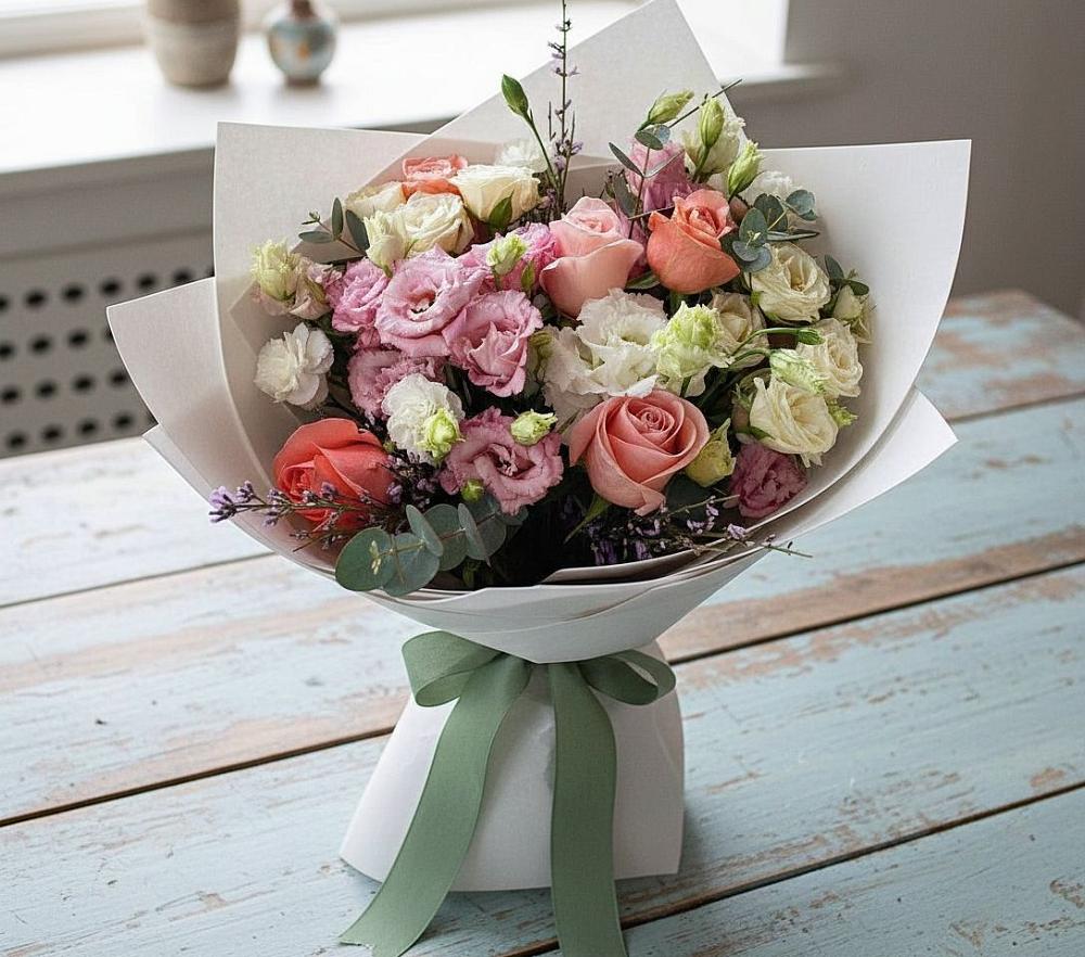 Букет цветов из: Розы, Лизиантусы и Гвоздики в Санино