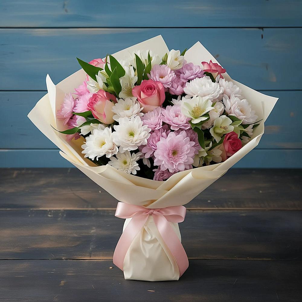 Букет цветов из: Хризантемы, Альстромерии и Розы в Санино